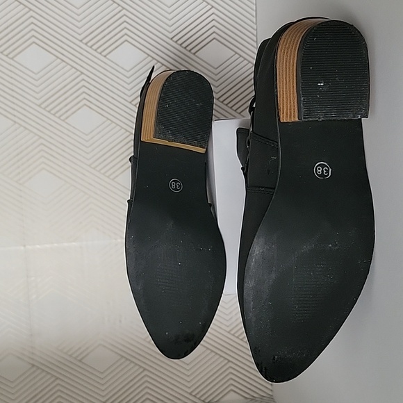 Black Ankle Booties with Buckle and Tan Heel - Picture 2 of 4